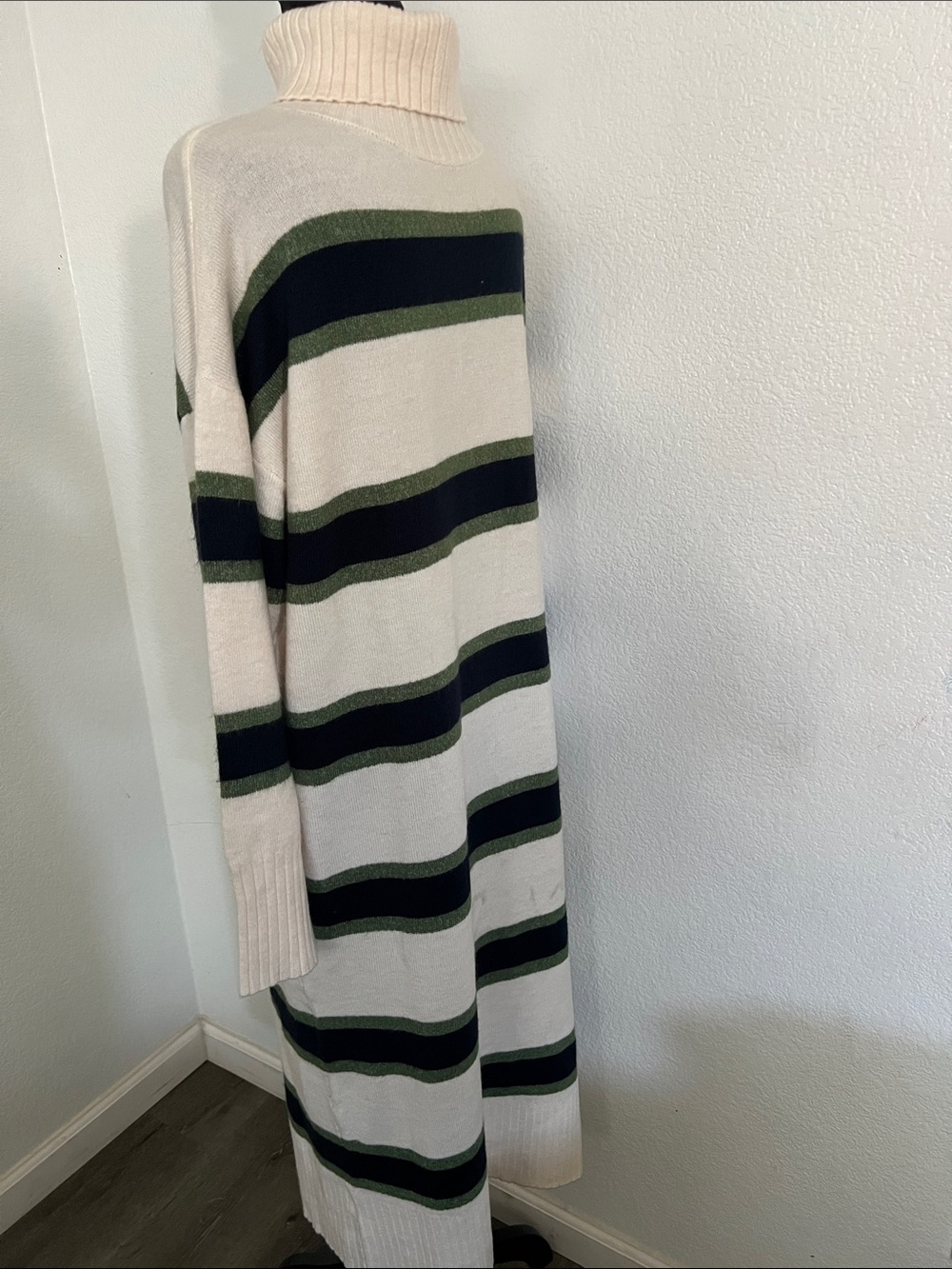 LOFT Cream Turtleneck Sweater Dress with Navy and Olive Stripes - Picture 3 of 5